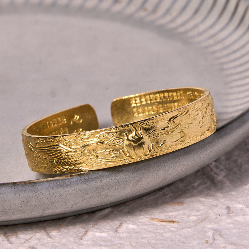 Wear FengShui Dragon And Phoenix Playing With A Pearl Heart Sutra Carved Copper Brass Luck Bracelet Bangle