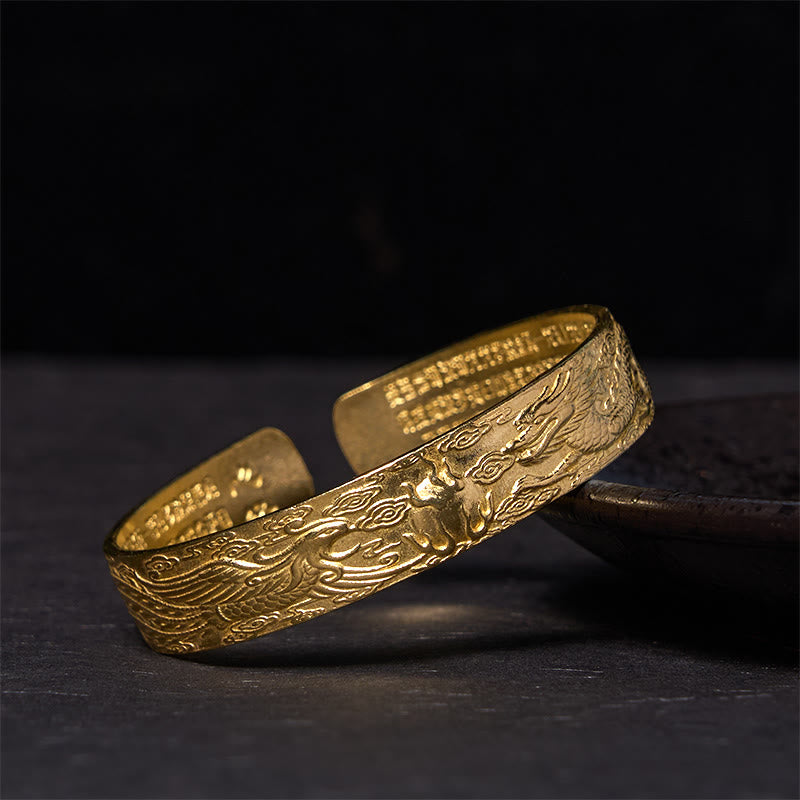 Wear FengShui Dragon And Phoenix Playing With A Pearl Heart Sutra Carved Copper Brass Luck Bracelet Bangle