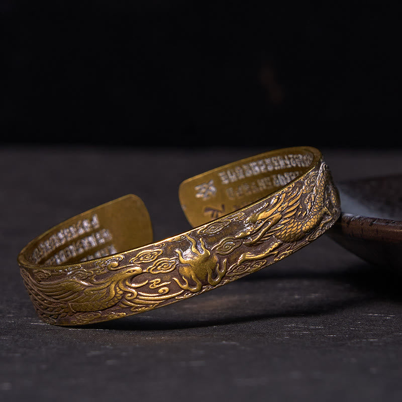 Wear FengShui Dragon And Phoenix Playing With A Pearl Heart Sutra Carved Copper Brass Luck Bracelet Bangle