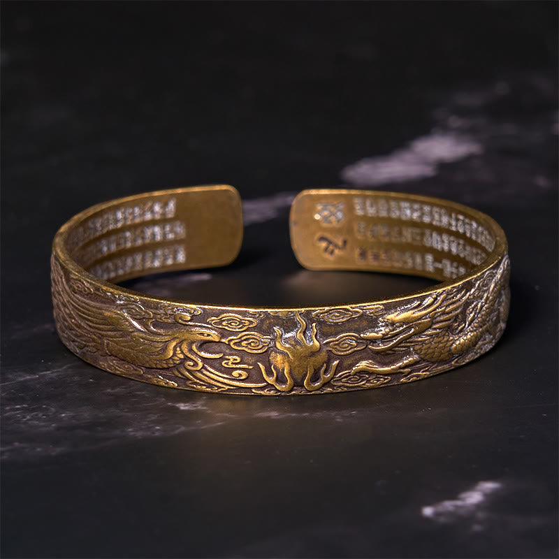 Wear FengShui Dragon And Phoenix Playing With A Pearl Heart Sutra Carved Copper Brass Luck Bracelet Bangle