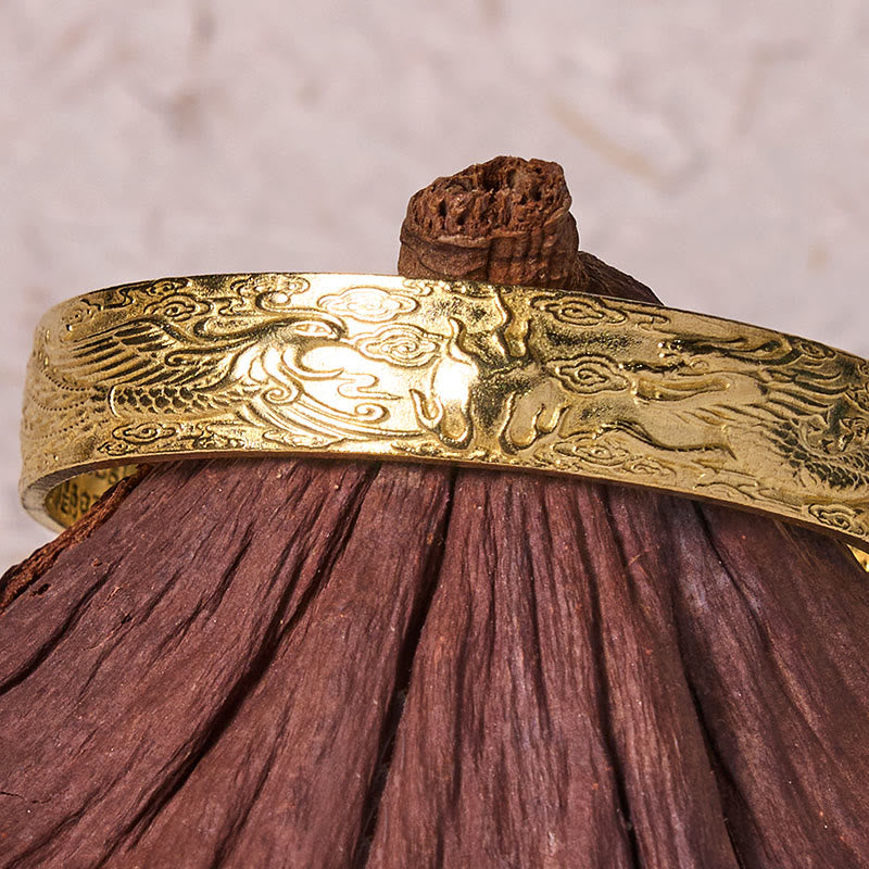 Wear FengShui Dragon And Phoenix Playing With A Pearl Heart Sutra Carved Copper Brass Luck Bracelet Bangle