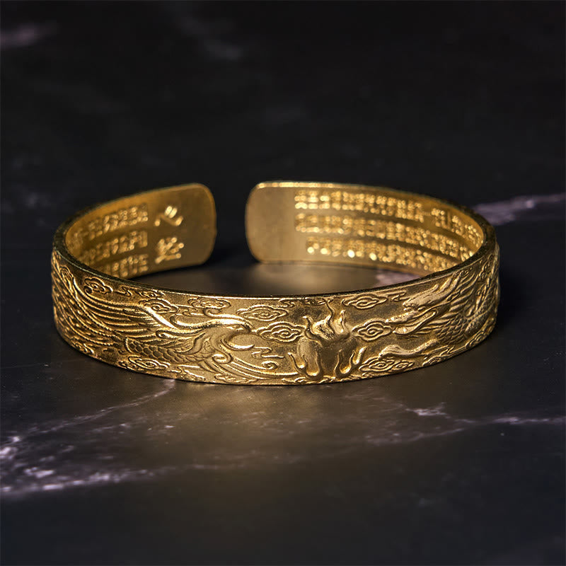 Wear FengShui Dragon And Phoenix Playing With A Pearl Heart Sutra Carved Copper Brass Luck Bracelet Bangle