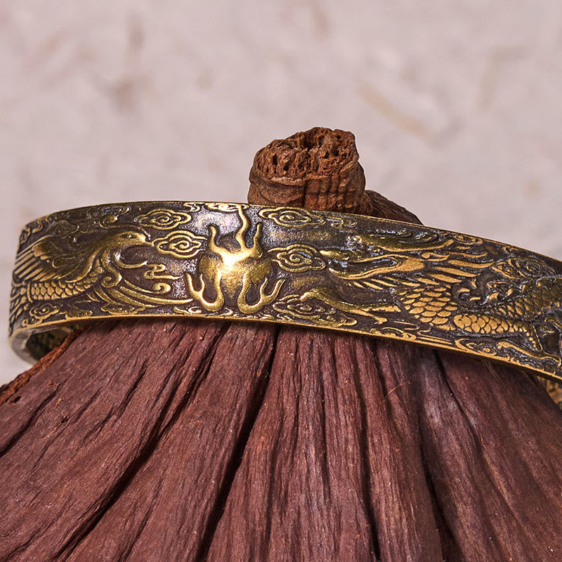 Wear FengShui Dragon And Phoenix Playing With A Pearl Heart Sutra Carved Copper Brass Luck Bracelet Bangle