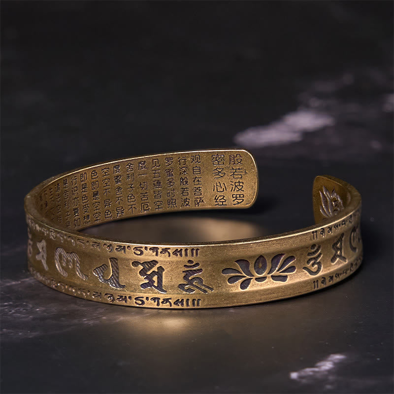 Wear FengShui Six True Words 'om Mani Padme Hum' Heart Sutra Lotus Copper Brass Peace Cuff Bracelet Bangle