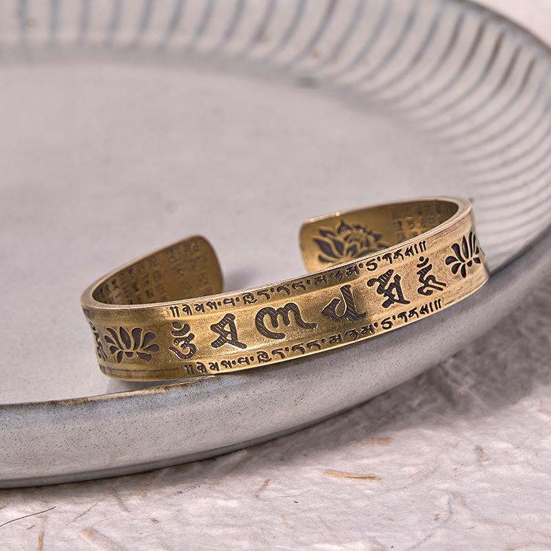 Wear FengShui Six True Words 'om Mani Padme Hum' Heart Sutra Lotus Copper Brass Peace Cuff Bracelet Bangle