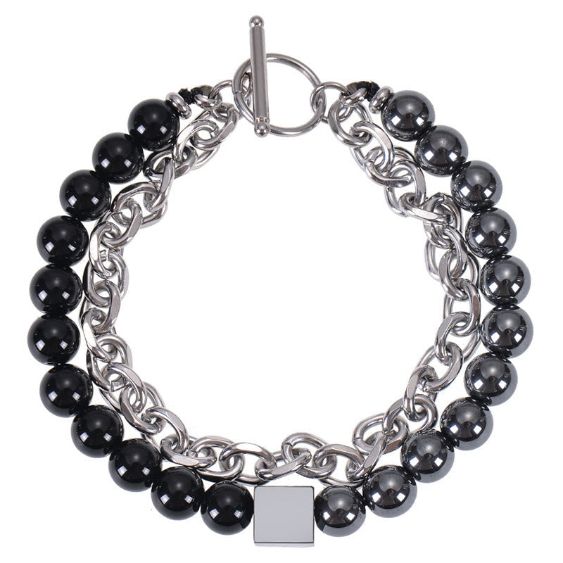 Wear FengShui Colorful Tiger Eye Frosted Stone Black Magnetite Titanium Steel Double Wrap Protection Bracelet