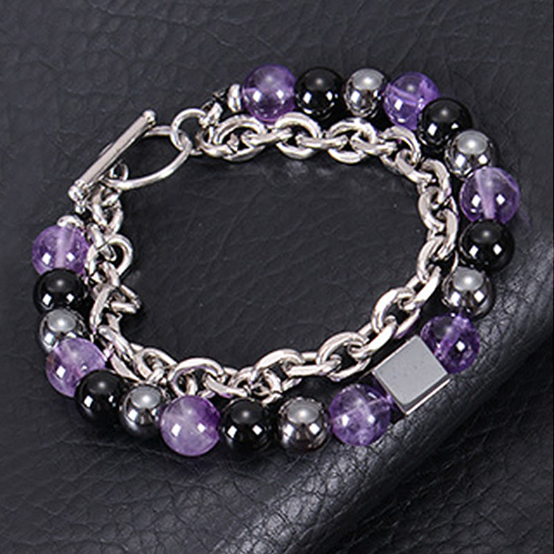 Wear FengShui Colorful Tiger Eye Frosted Stone Black Magnetite Titanium Steel Double Wrap Protection Bracelet