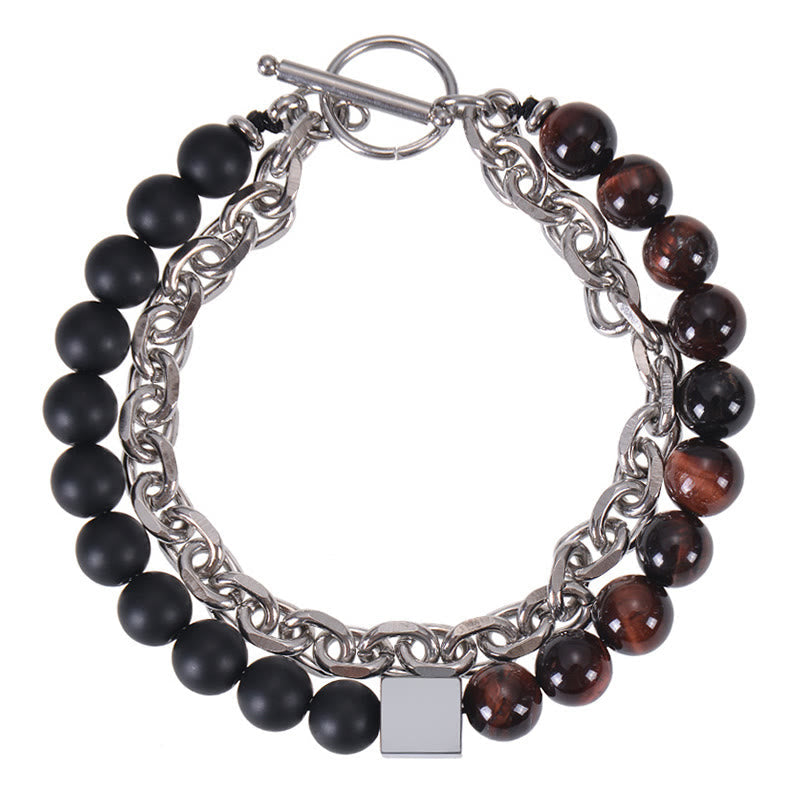 Wear FengShui Colorful Tiger Eye Frosted Stone Black Magnetite Titanium Steel Double Wrap Protection Bracelet