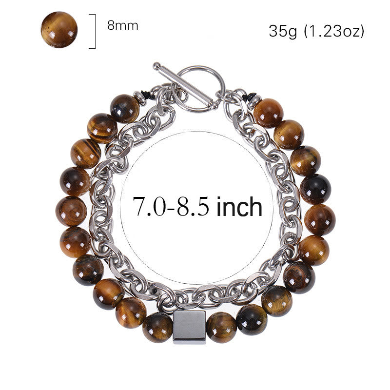 Wear FengShui Colorful Tiger Eye Frosted Stone Black Magnetite Titanium Steel Double Wrap Protection Bracelet