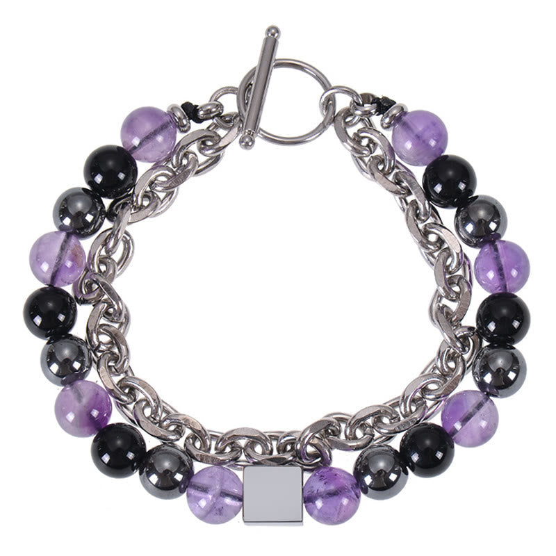 Wear FengShui Colorful Tiger Eye Frosted Stone Black Magnetite Titanium Steel Double Wrap Protection Bracelet