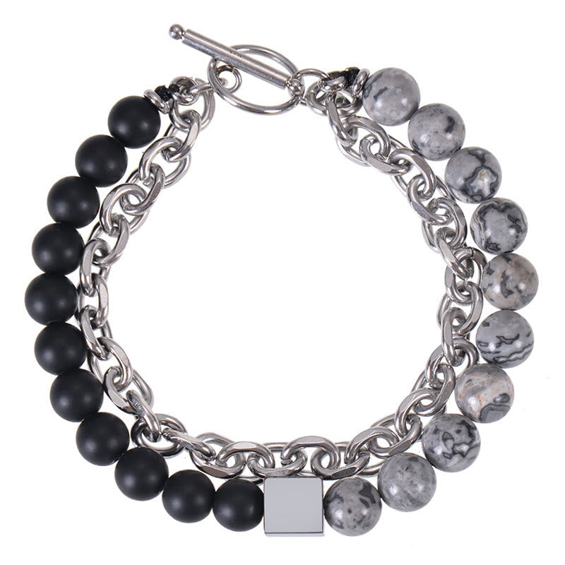 Wear FengShui Colorful Tiger Eye Frosted Stone Black Magnetite Titanium Steel Double Wrap Protection Bracelet