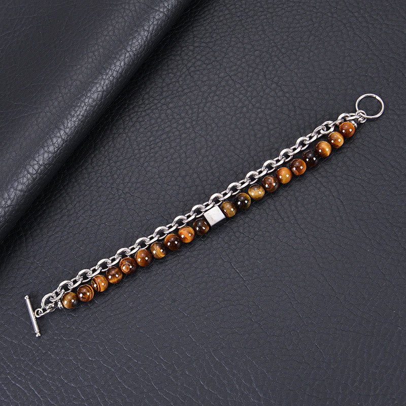 Wear FengShui Colorful Tiger Eye Frosted Stone Black Magnetite Titanium Steel Double Wrap Protection Bracelet