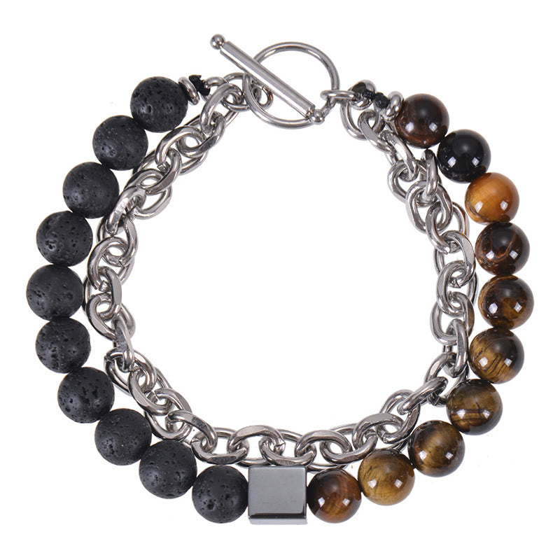 Wear FengShui Colorful Tiger Eye Frosted Stone Black Magnetite Titanium Steel Double Wrap Protection Bracelet