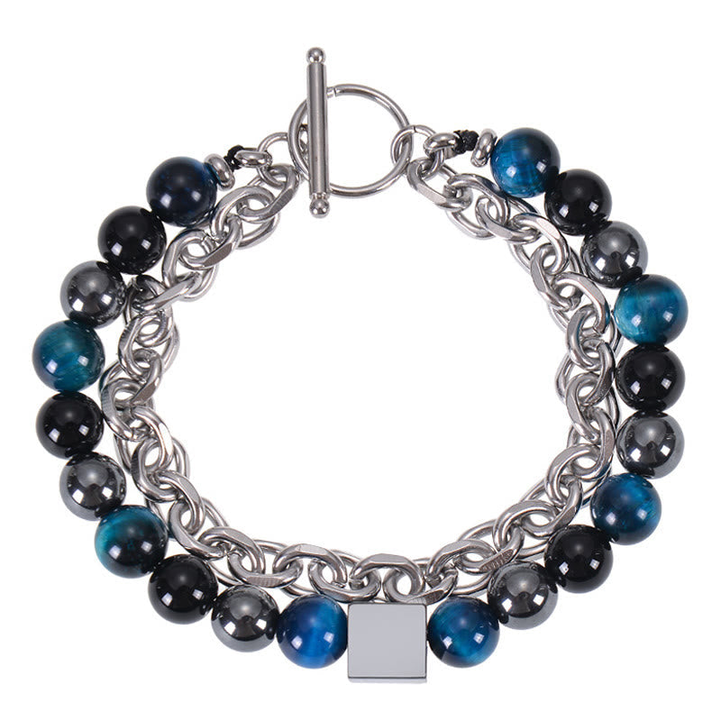 Wear FengShui Colorful Tiger Eye Frosted Stone Black Magnetite Titanium Steel Double Wrap Protection Bracelet