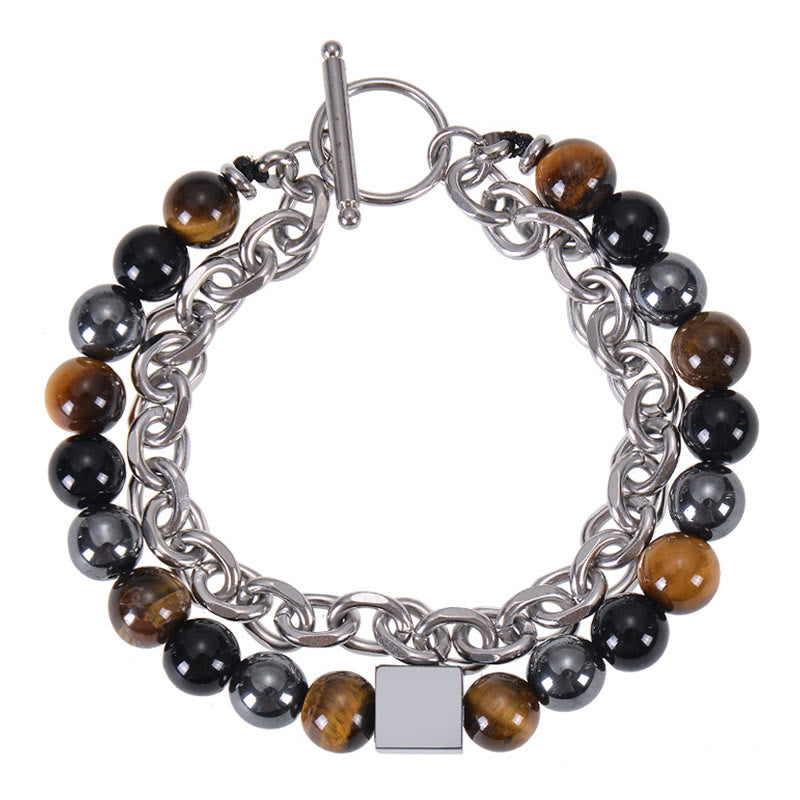 Wear FengShui Colorful Tiger Eye Frosted Stone Black Magnetite Titanium Steel Double Wrap Protection Bracelet