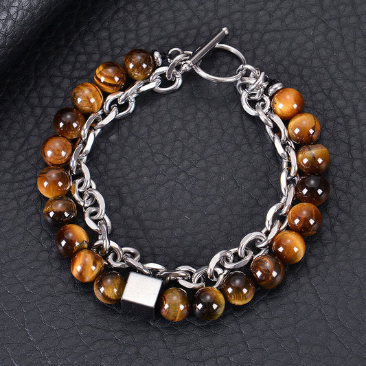 Wear FengShui Colorful Tiger Eye Frosted Stone Black Magnetite Titanium Steel Double Wrap Protection Bracelet
