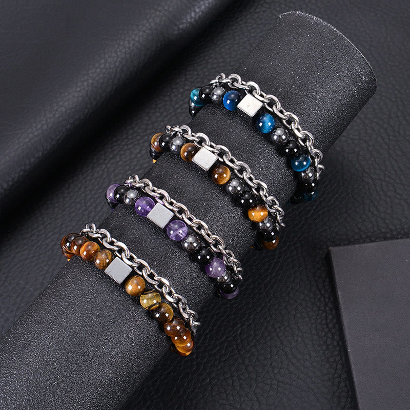 Wear FengShui Colorful Tiger Eye Frosted Stone Black Magnetite Titanium Steel Double Wrap Protection Bracelet