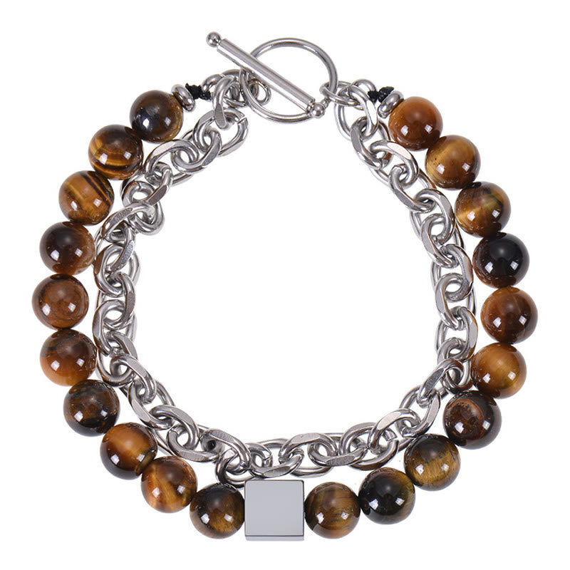 Wear FengShui Colorful Tiger Eye Frosted Stone Black Magnetite Titanium Steel Double Wrap Protection Bracelet