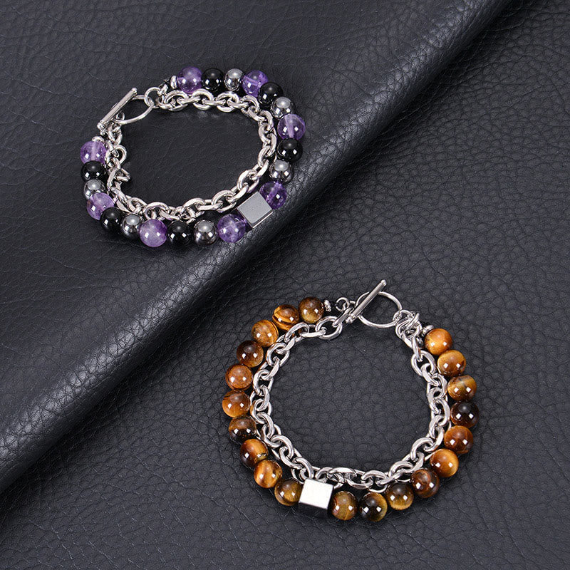 Wear FengShui Colorful Tiger Eye Frosted Stone Black Magnetite Titanium Steel Double Wrap Protection Bracelet