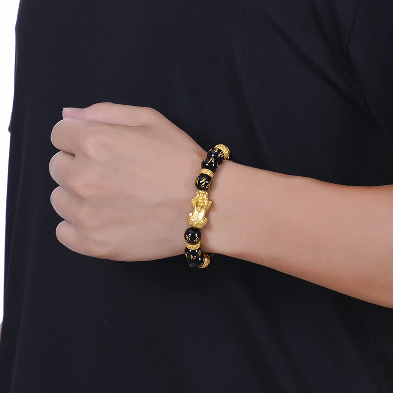 Wear FengShui Black Obsidian Black Onyx Alloy PiXiu Om Mani Padme Hum Strength Bracelet