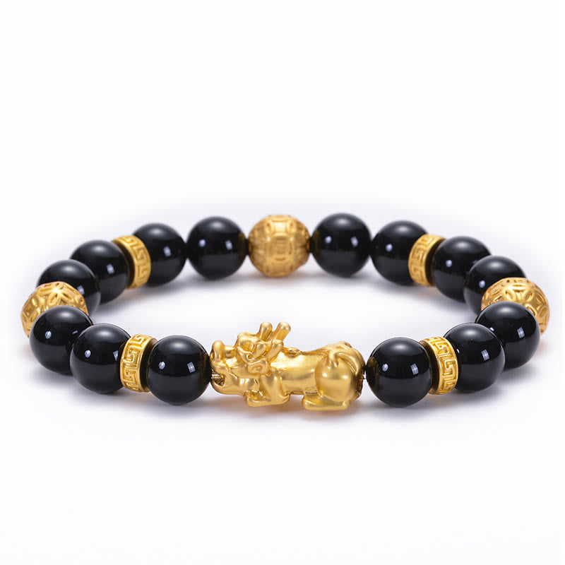 Wear FengShui Black Obsidian Black Onyx Alloy PiXiu Om Mani Padme Hum Strength Bracelet