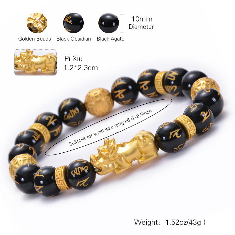 Wear FengShui Black Obsidian Black Onyx Alloy PiXiu Om Mani Padme Hum Strength Bracelet