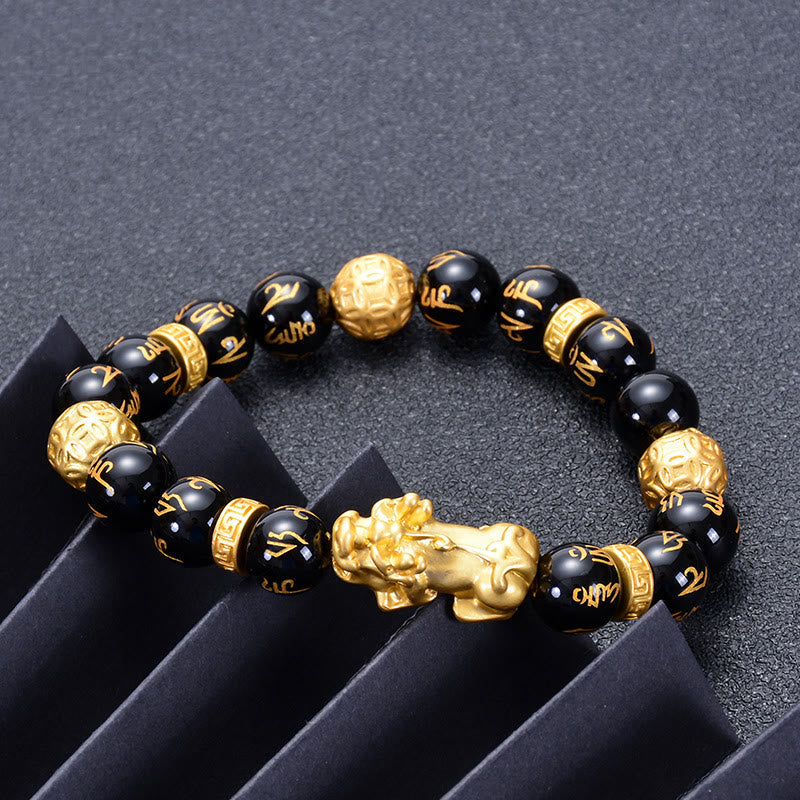 Black Obsidian Black Onyx Alloy Feng Shui Pixiu Strength Bracelet