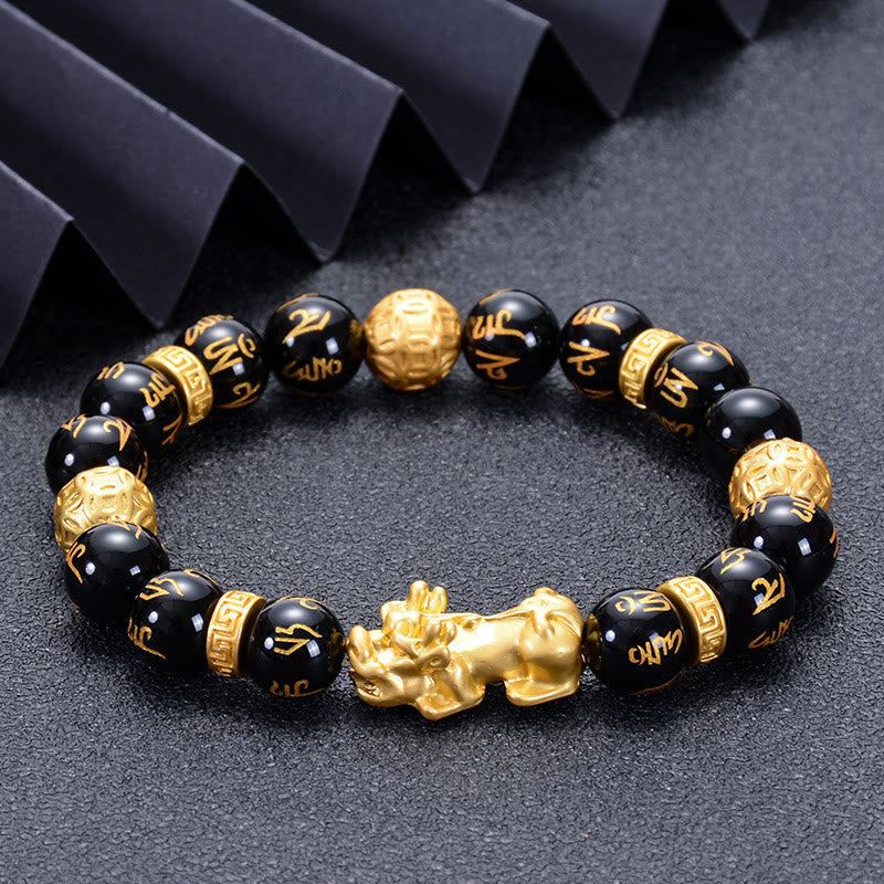 Wear FengShui Black Obsidian Black Onyx Alloy PiXiu Om Mani Padme Hum Strength Bracelet