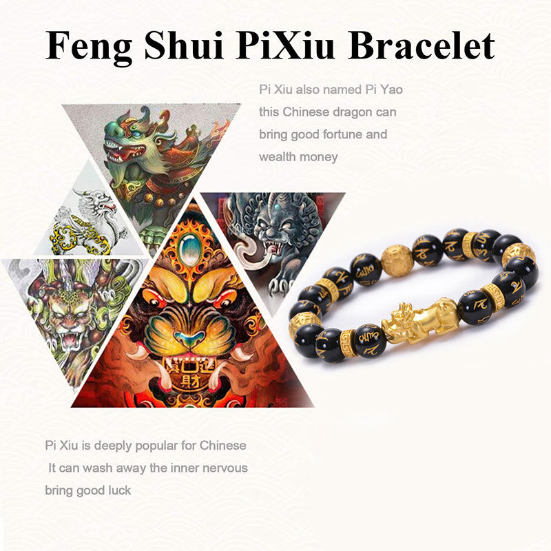Wear FengShui Black Obsidian Black Onyx Alloy PiXiu Om Mani Padme Hum Strength Bracelet