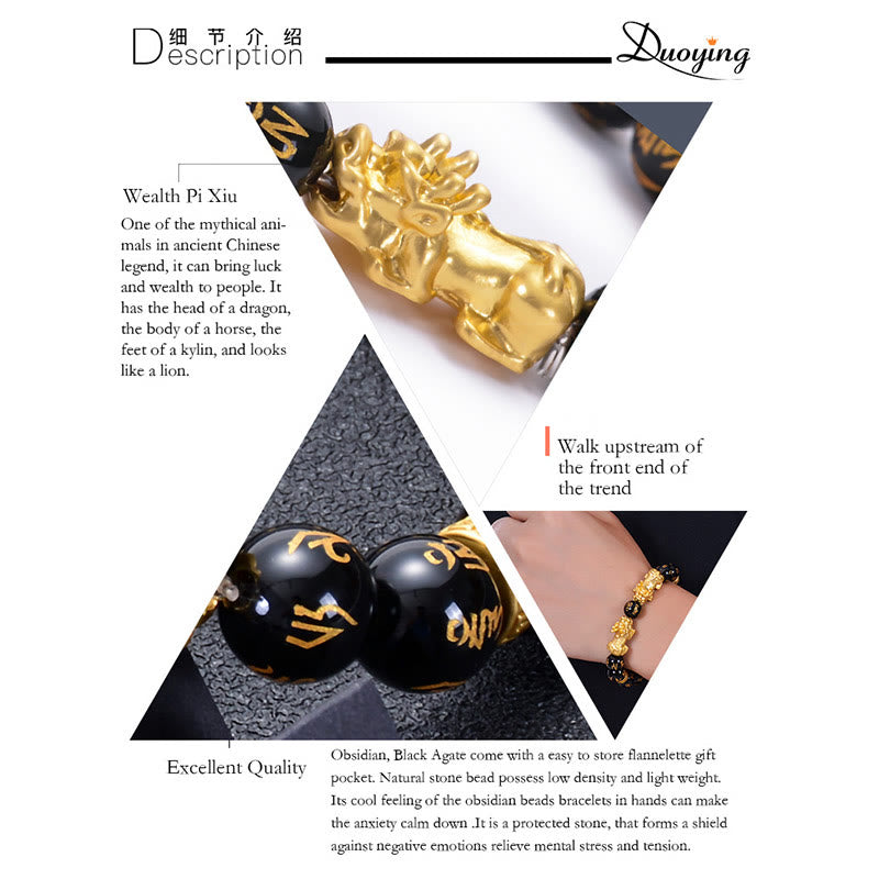 Wear FengShui Black Obsidian Black Onyx Golden Alloy Two PiXiu Om Mani Padme Hum Strength Bracelet