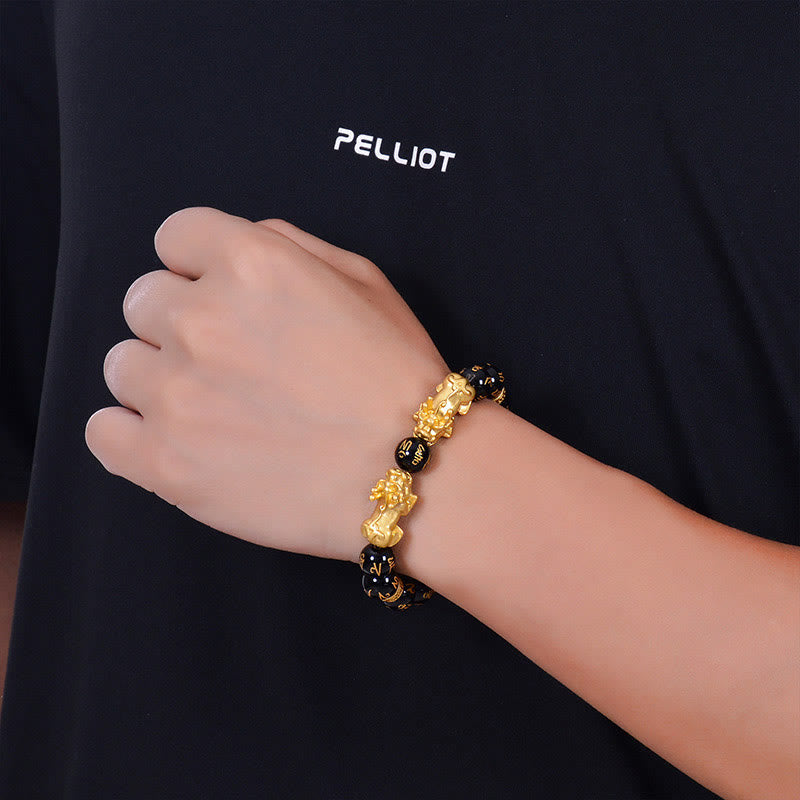 Black Obsidian Feng Shui Pixiu Bracelet Black Onyx Golden Alloy Two PiXiu Wealth Bracelet