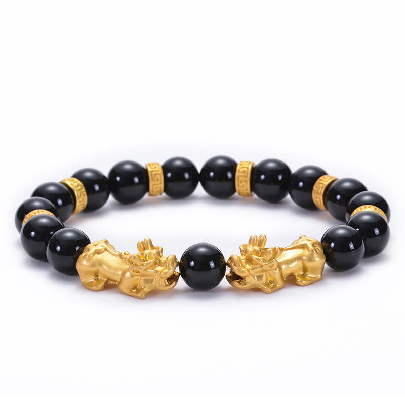 Wear FengShui Black Obsidian Black Onyx Golden Alloy Two PiXiu Om Mani Padme Hum Strength Bracelet