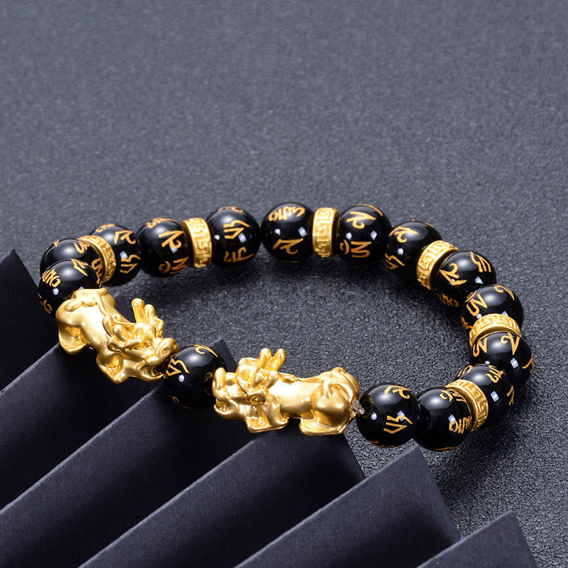 Wear FengShui Black Obsidian Black Onyx Golden Alloy Two PiXiu Om Mani Padme Hum Strength Bracelet
