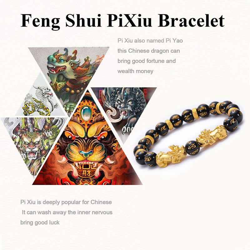 Black Obsidian Feng Shui Pixiu Bracelet Black Onyx Golden Alloy Two PiXiu Wealth Bracelet