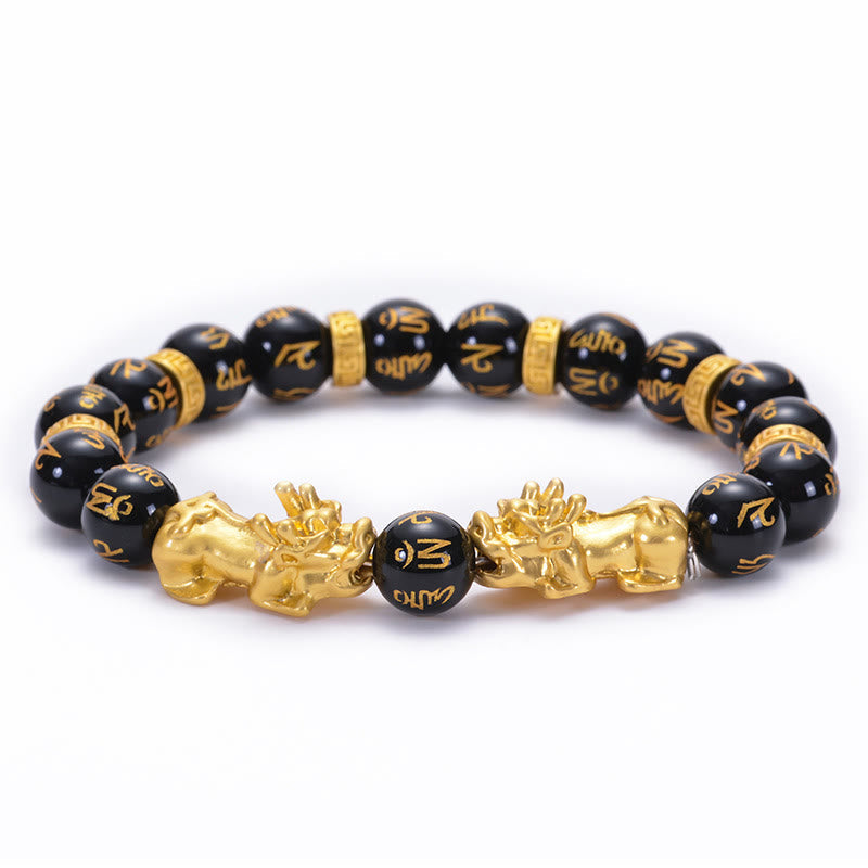 Wear FengShui Black Obsidian Black Onyx Golden Alloy Two PiXiu Om Mani Padme Hum Strength Bracelet