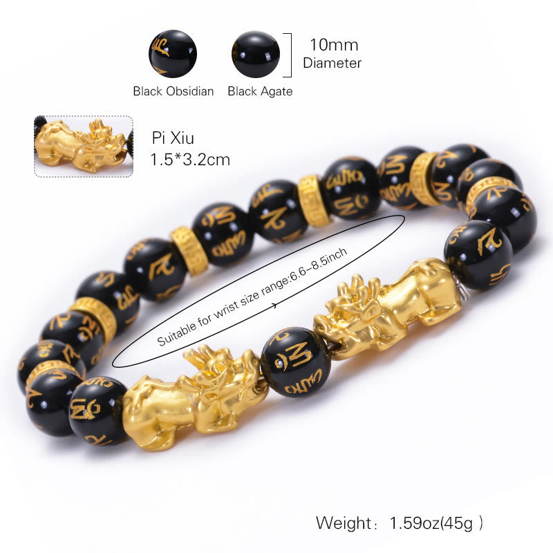 Wear FengShui Black Obsidian Black Onyx Golden Alloy Two PiXiu Om Mani Padme Hum Strength Bracelet