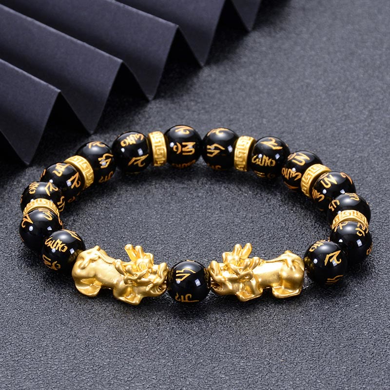 Wear FengShui Black Obsidian Black Onyx Golden Alloy Two PiXiu Om Mani Padme Hum Strength Bracelet