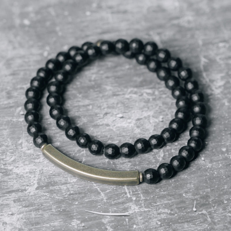 Wear FengShui Frosted Cut Surface Black Onyx Copper Brass Double Wrap Protection Bracelet