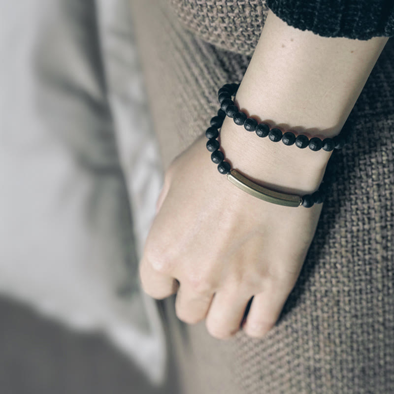 Wear FengShui Frosted Cut Surface Black Onyx Copper Brass Double Wrap Protection Bracelet