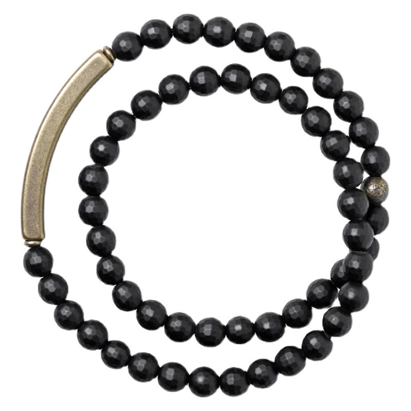 Wear FengShui Frosted Cut Surface Black Onyx Copper Brass Double Wrap Protection Bracelet