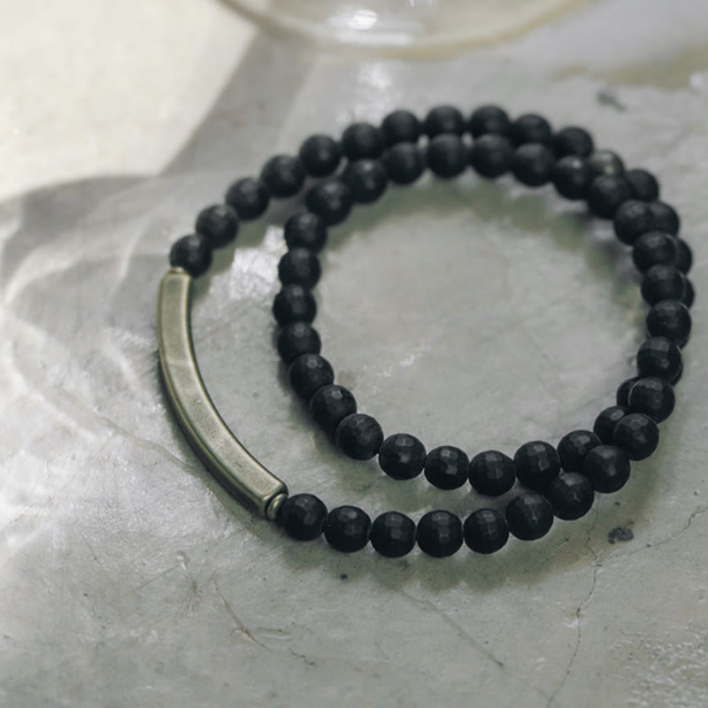 Wear FengShui Frosted Cut Surface Black Onyx Copper Brass Double Wrap Protection Bracelet