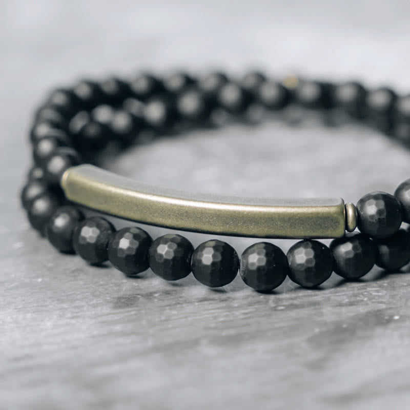 Wear FengShui Frosted Cut Surface Black Onyx Copper Brass Double Wrap Protection Bracelet