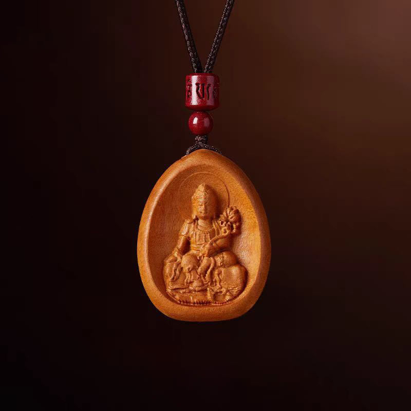 Wear FengShui Peach Wood Cinnabar Om Mani Padme Hum Chinese Zodiac Black String Necklace Pendants