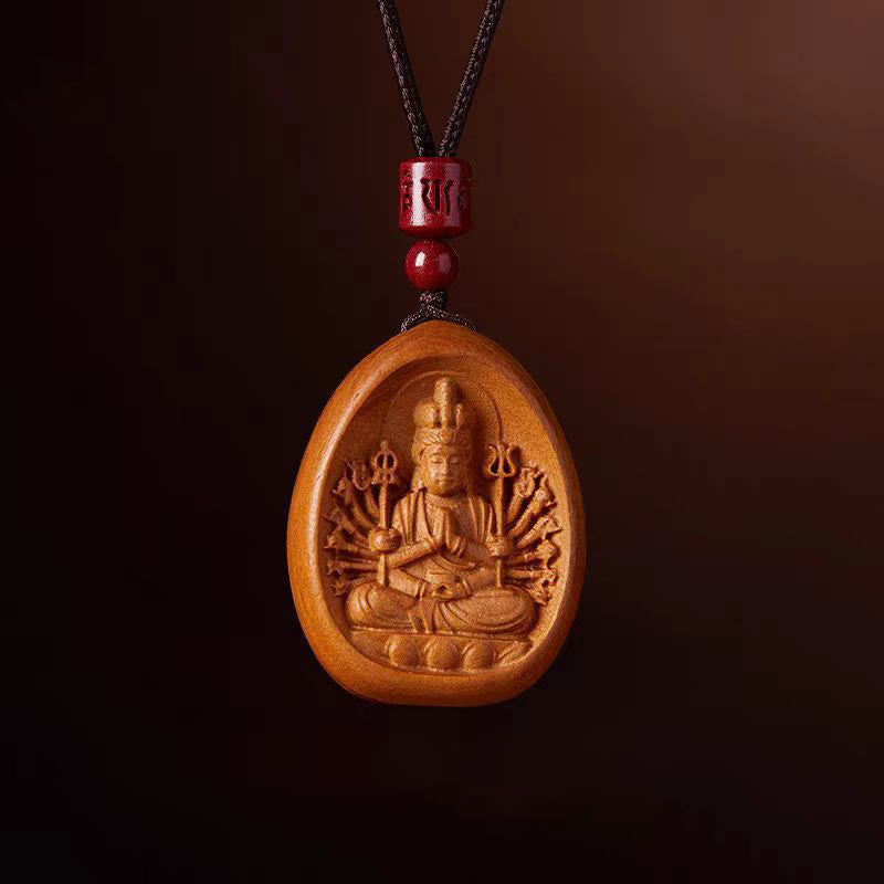 Wear FengShui Peach Wood Cinnabar Om Mani Padme Hum Chinese Zodiac Black String Necklace Pendants
