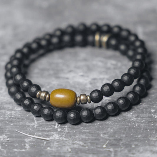 Wear FengShui Frosted Cut Surface Black Onyx Topaz Beads Double Wrap Protection Bracelet