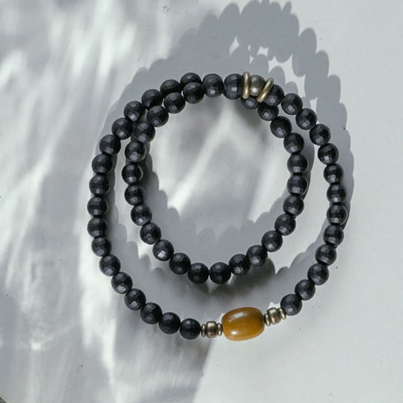 Wear FengShui Frosted Cut Surface Black Onyx Topaz Beads Double Wrap Protection Bracelet