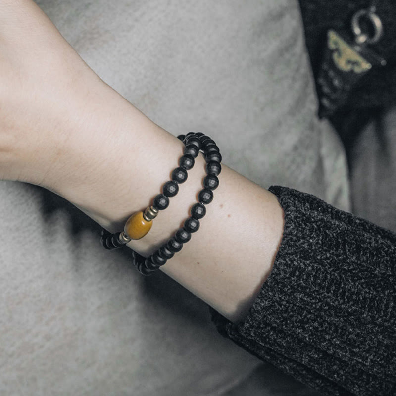 Wear FengShui Frosted Cut Surface Black Onyx Topaz Beads Double Wrap Protection Bracelet