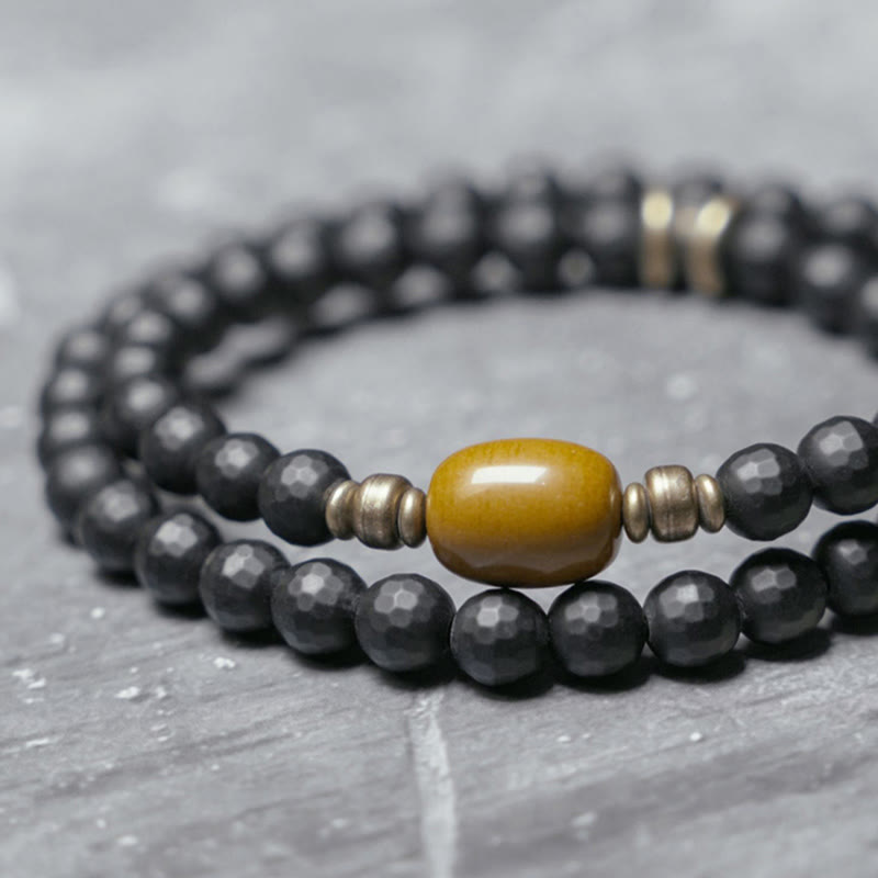 Wear FengShui Frosted Cut Surface Black Onyx Topaz Beads Double Wrap Protection Bracelet