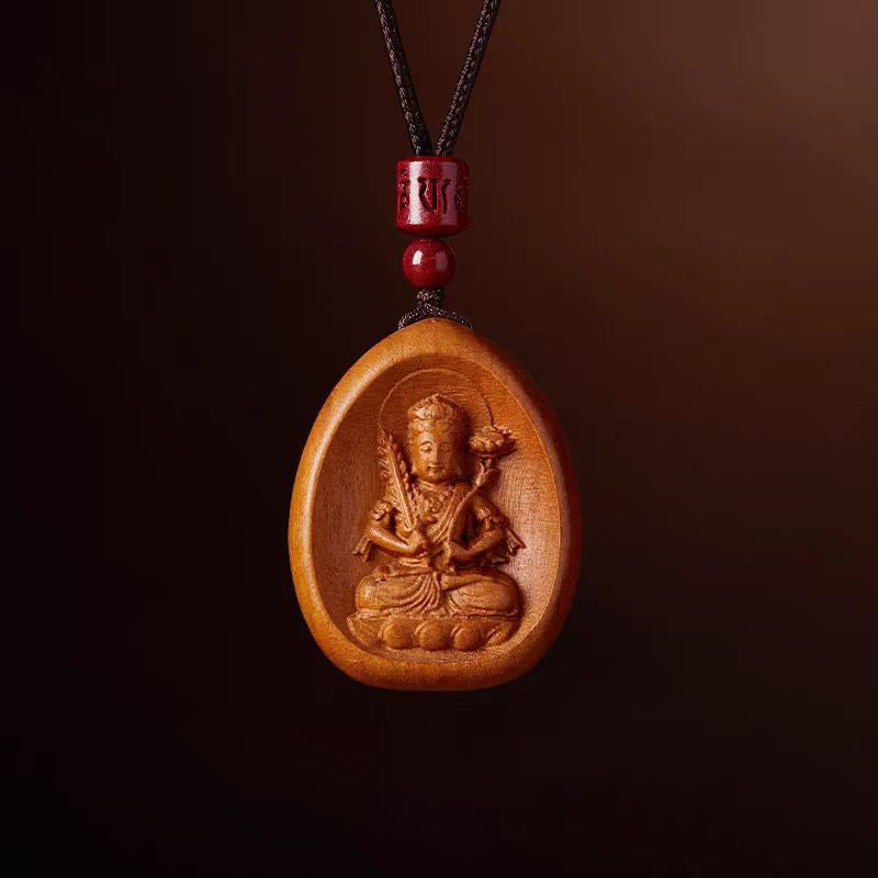 Wear FengShui Peach Wood Cinnabar Om Mani Padme Hum Chinese Zodiac Black String Necklace Pendants