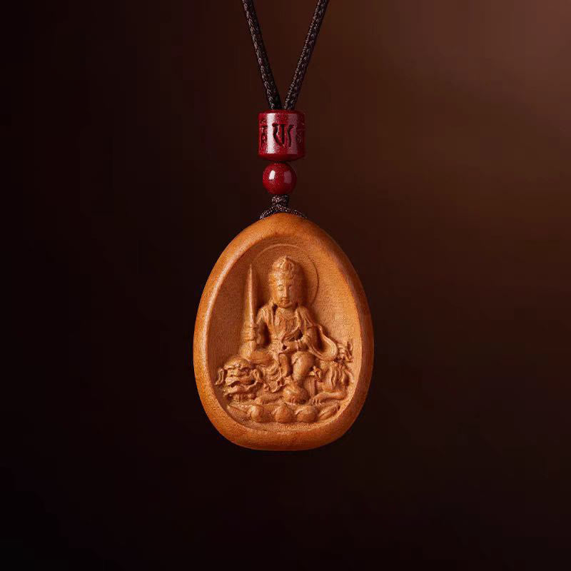Wear FengShui Peach Wood Cinnabar Om Mani Padme Hum Chinese Zodiac Black String Necklace Pendants
